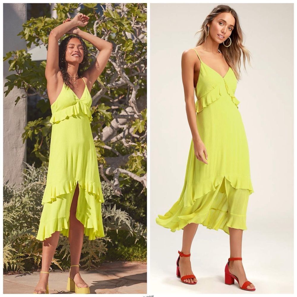 Lulu's Island Time Neon Lime Green Ruffle Spaghetti Strap Midi Dress